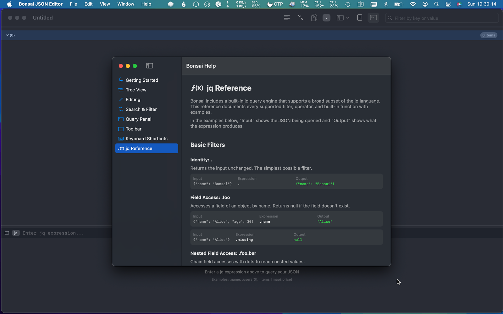 jq reference documentation showing builtin functions with examples