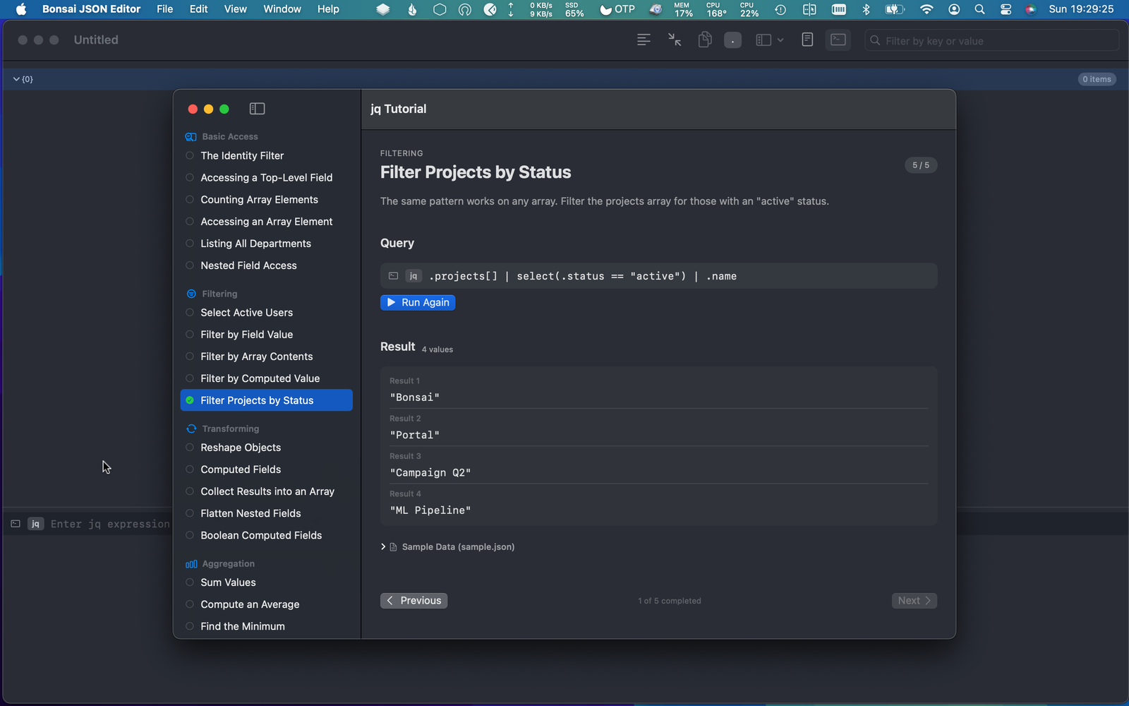 Interactive jq tutorial showing step-by-step lessons with live query results