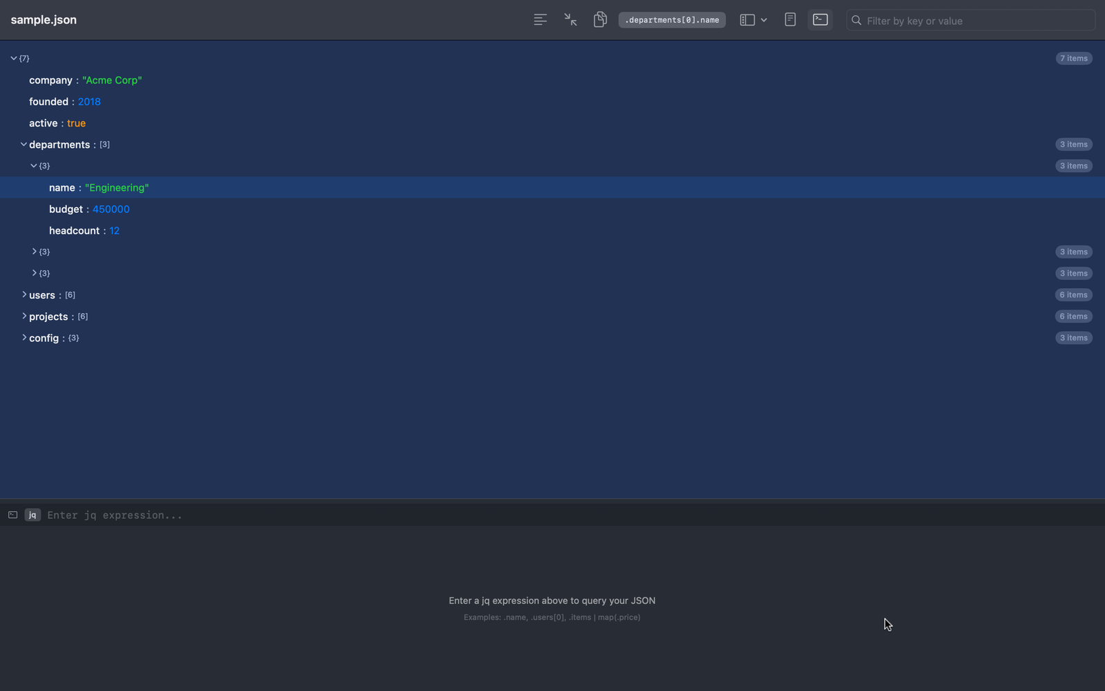 Bonsai tree view showing color-coded JSON with expanded nodes and query panel