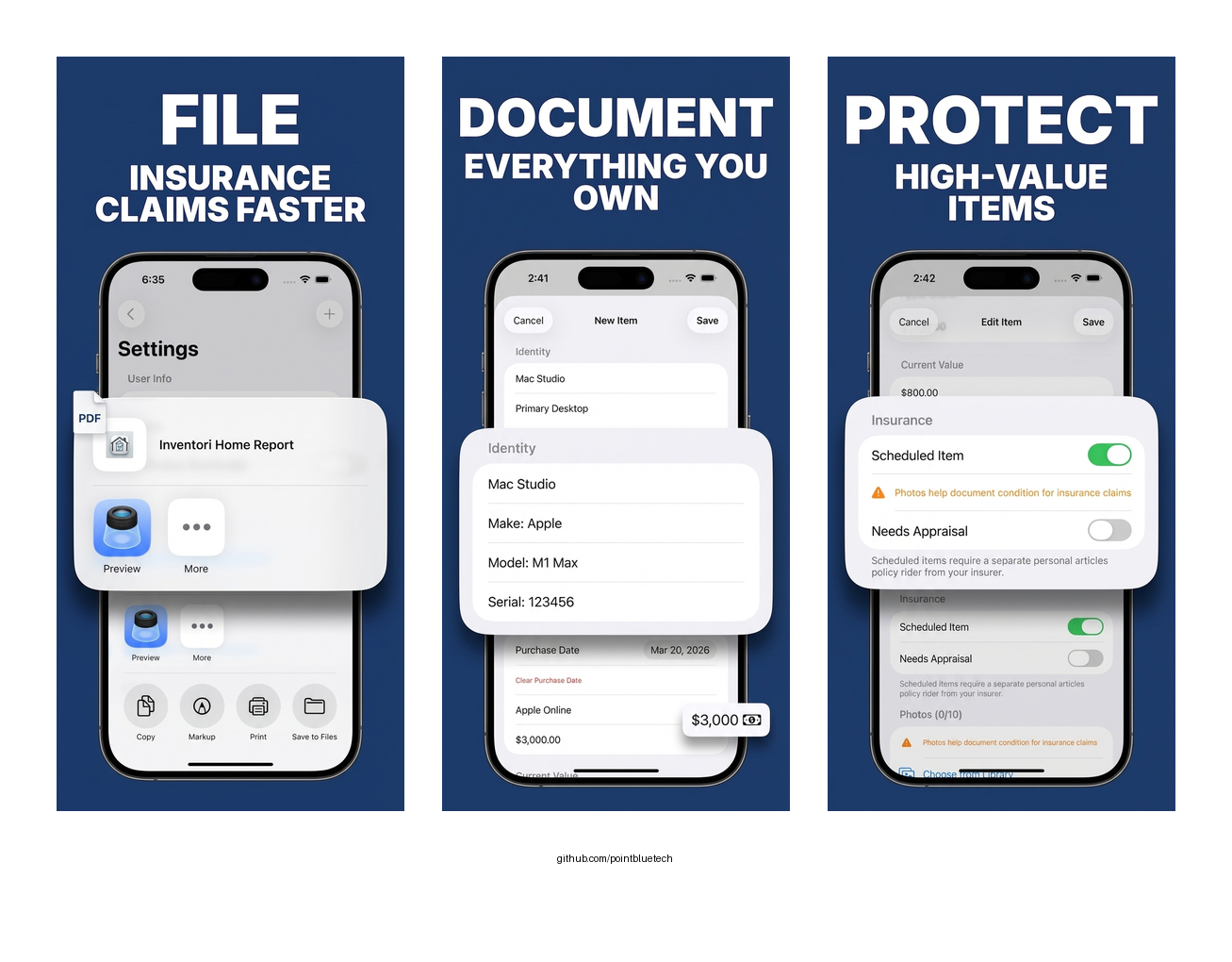 Inventori Home App Store screenshots — File insurance claims faster, Document everything you own, Protect high-value items